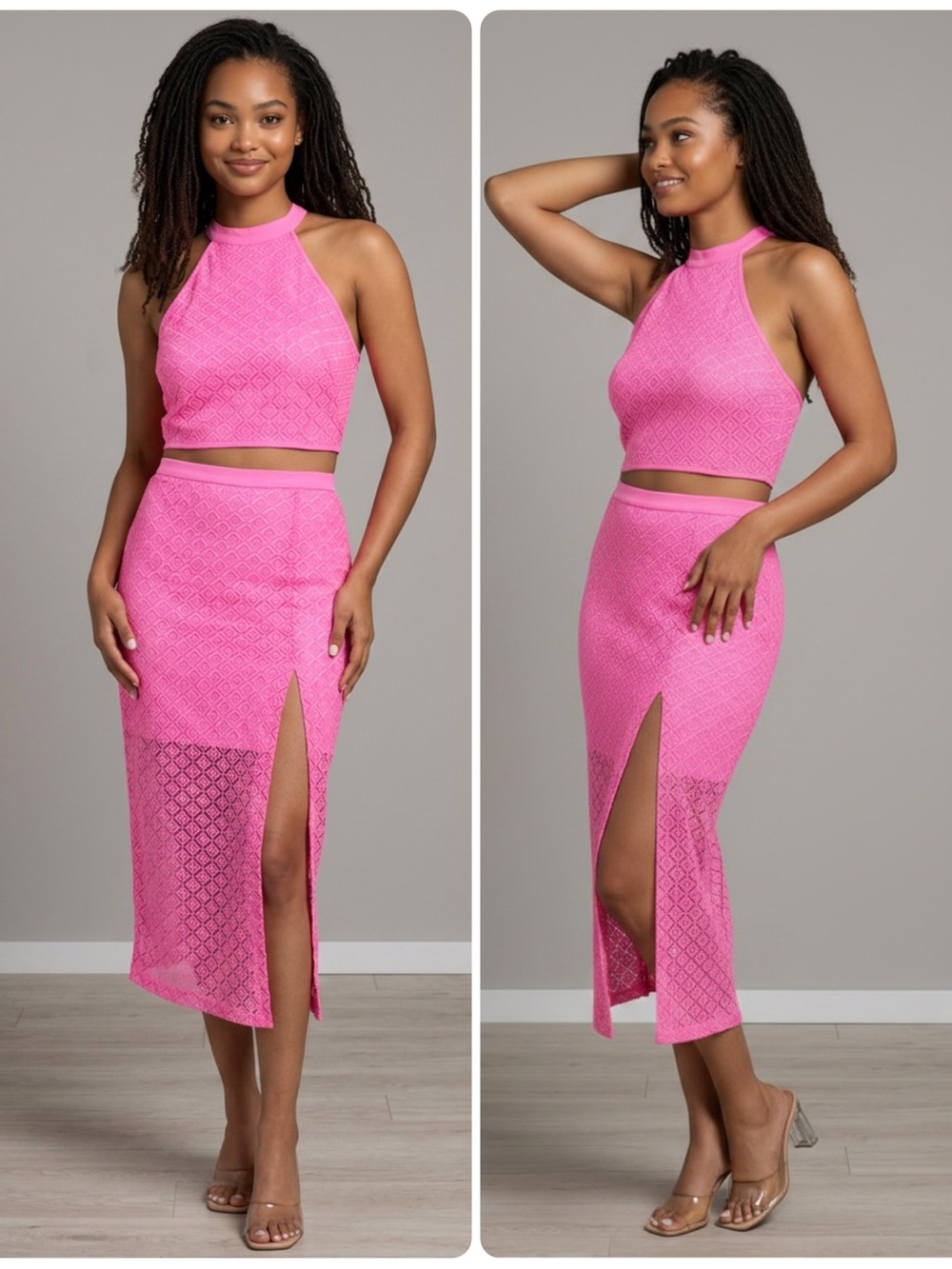 Amanda Uprichard Portman Shocking Pink Lace Midi Skirt & Halter Top SET NWT $343